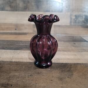 Vintage Fenton Plum Purple Amethyst Glass Vase Ruffle Top Art Melon Ribbed 5.5"